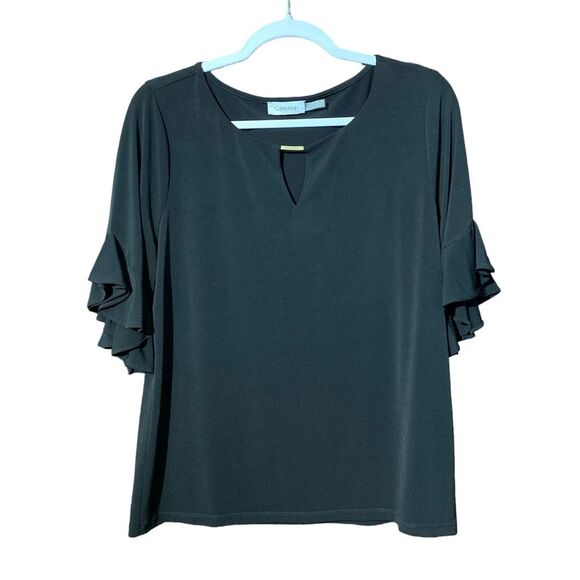 Calvin Klein Black Petal Sleeve Blouse Round Neck With Keyhole Women's Size M/L - Picture 1 of 12